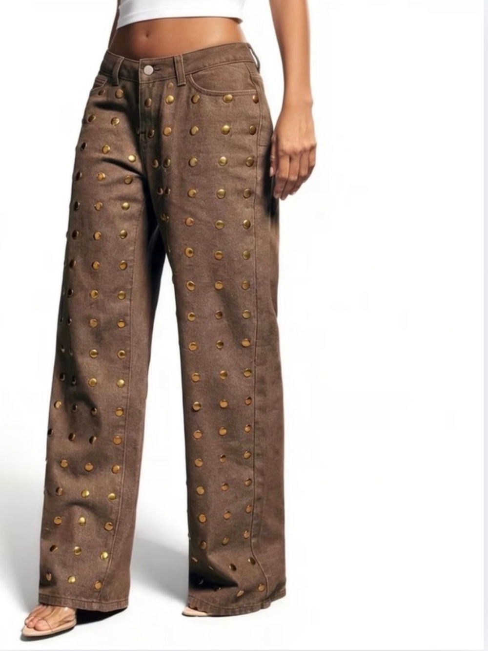 PANTS: Brown Riveted/Studded Wide-Leg Denim, NWOT - Picture 4 of 7